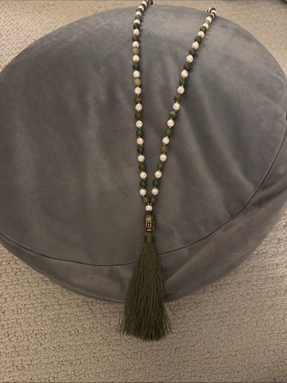 Olive Green Beaded Tassel Necklace - Women Jewelry